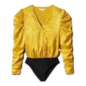 WAYF Gold Satin Snake Jacquard Surplice Bodysuit Blouse NWT Puff Sleeve S